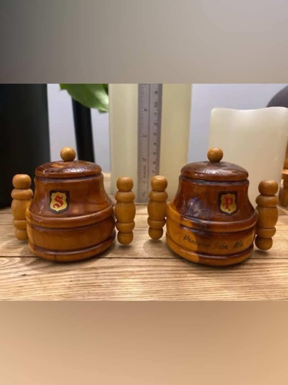 Vintage Wooden Sugar Pot Salt & Pepper Shakers Presque Isle Maine Souvenir